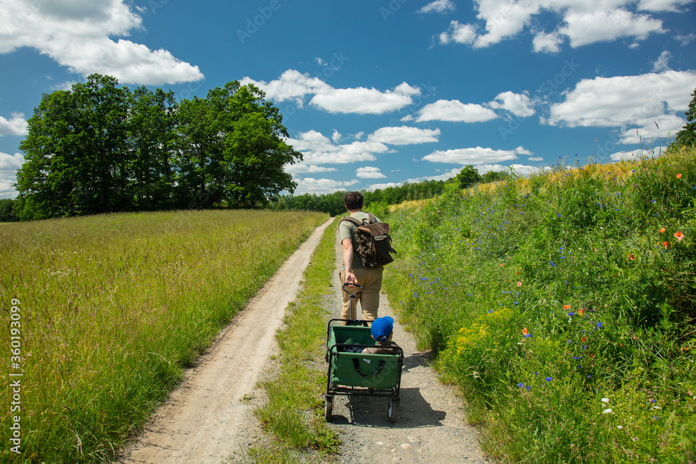 father and son travel with cart on countryside road in Europe father and son travel with cart on countryside road in Europe