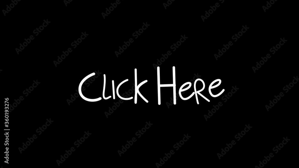 Animation of white words Click Here  flickering on black background with arrows
