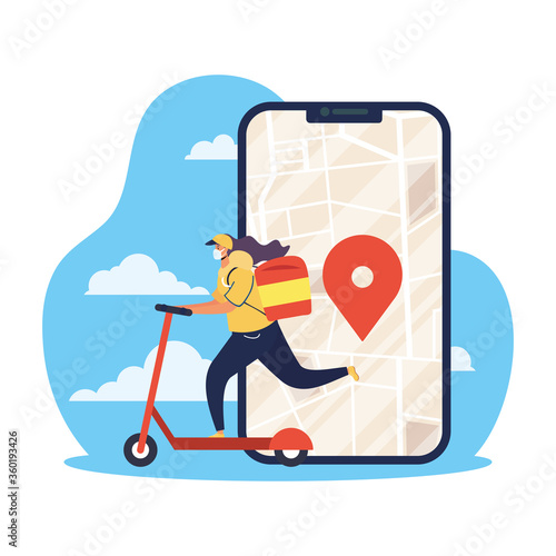 safe food delivery female worker in skate with smartphone for covid19
