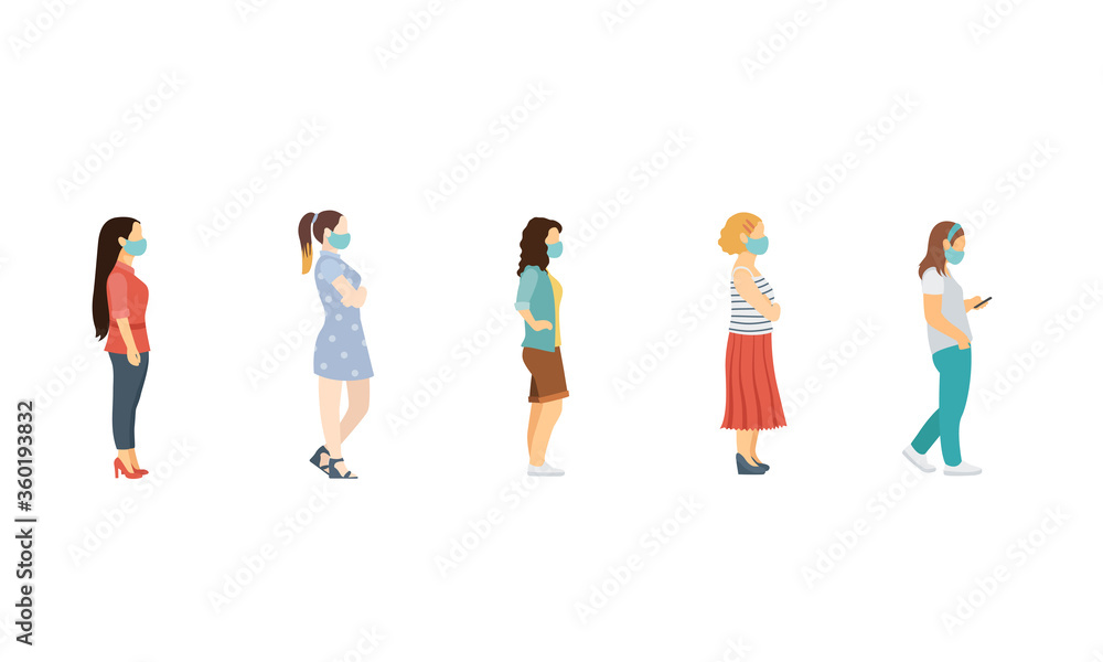 social distance. Full length of cartoon sick women in medical masks standing in line against at a safe distance of 2 meters or 6 feet. flat vector illustration