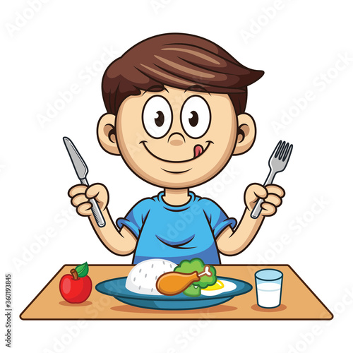 boy who is eating nutritious food with milk and fruit cartoon