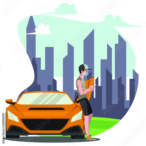 A man waiting his friend in front of his sport car for having fun weekend together