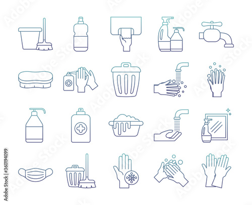 Cleaning service degraded line style icon set vector design