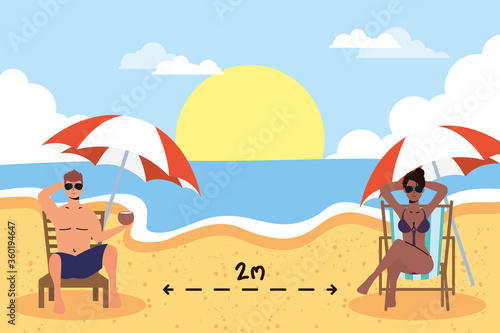 interracial couple on the beach practicing social distancing scene ,summer time vacations