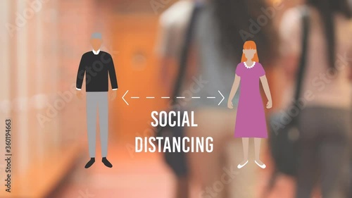 Animation of people walking away in a halway over people icons social distancing photo