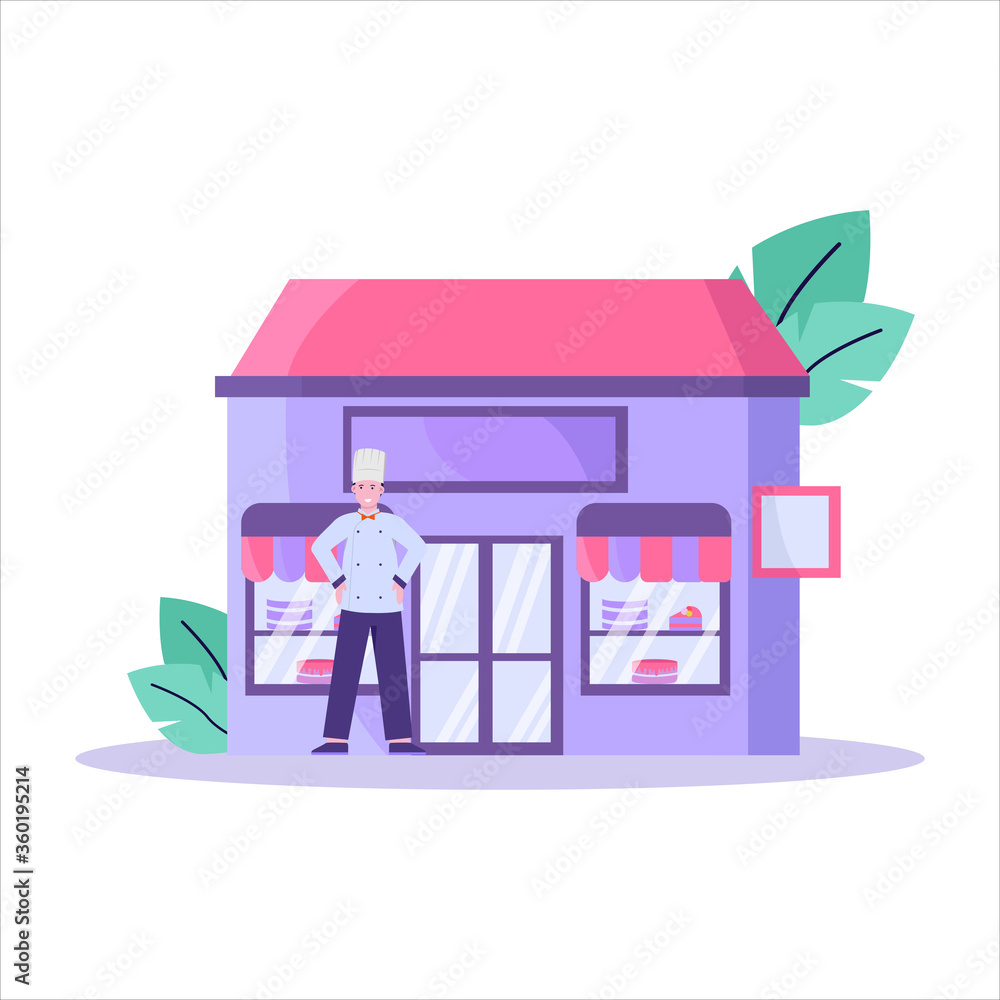 Flat vector illustration of customer who buys a cake for a birthday at a roadside cake shop Flat vector illustration of customer who buys a cake for a birthday at a roadside cake shop