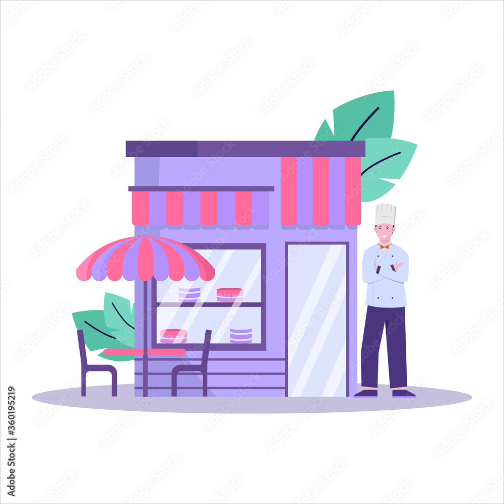 Flat vector illustration of customer who buys a cake for a birthday at a roadside cake shop Flat vector illustration of customer who buys a cake for a birthday at a roadside cake shop