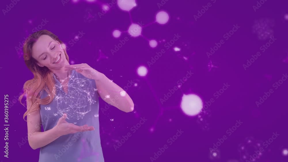 Animation of Caucasian woman presenting a globe model with molecules floating on purple background Animation of Caucasian woman presenting a globe model with molecules floating on purple background