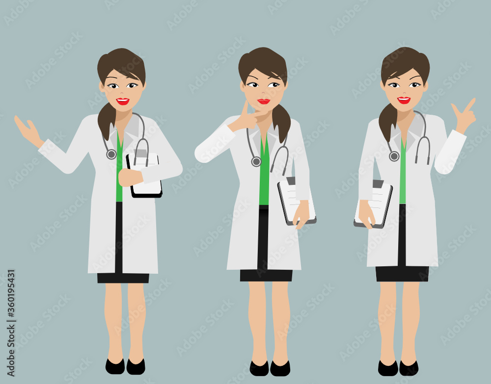 Beautiful young female doctor wearing gown uniform with stethoscope in 3 different manners. Isolated on white background. Vector Illustration. Idea for healthcare and medical business.