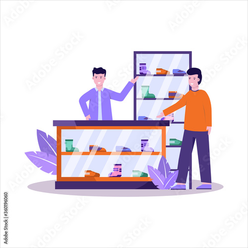 Flat vector illustration of shoe stores have a large sneaker collection and serve shoppers well