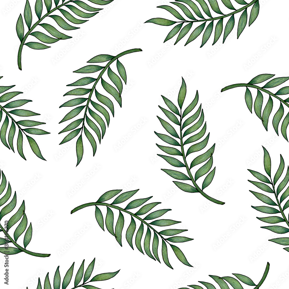 Fototapeta seamless pattern with palm leaf branch, hand drawn tropical illustration for backgrounds, fabric or wrapping projects, palm leaf summer tropical background