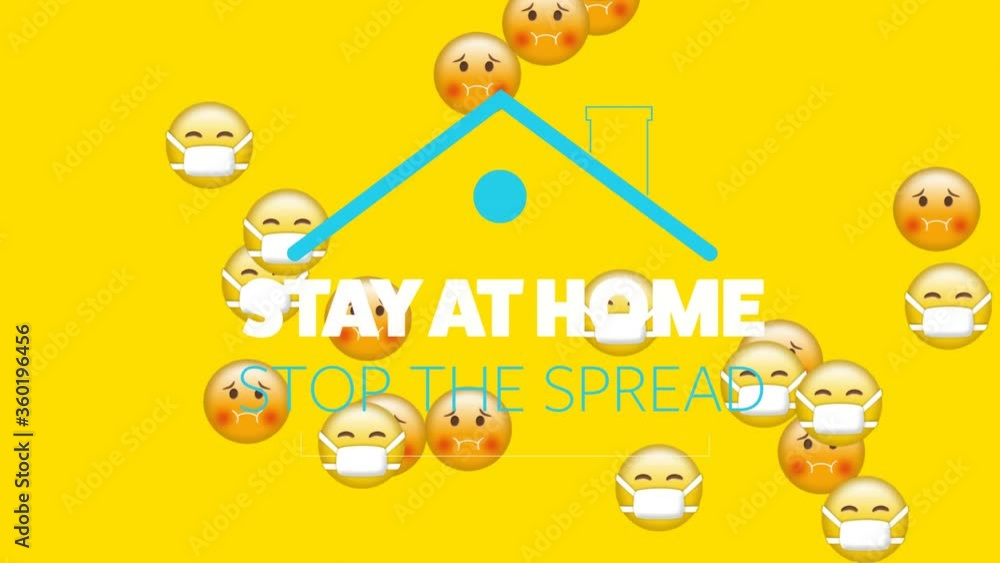 Animation of social distancing message under a blue roof over emojis floating on digital composition Animation of social distancing message under a blue roof over emojis floating on digital composition