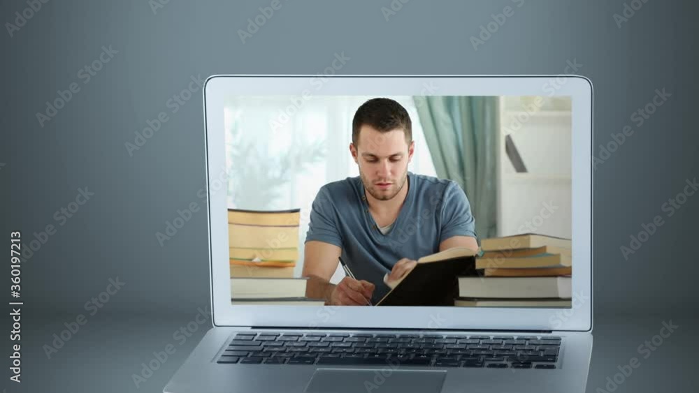 Animation of a laptop showing Caucasian man reading on the screen Animation of a laptop showing Caucasian man reading on the screen