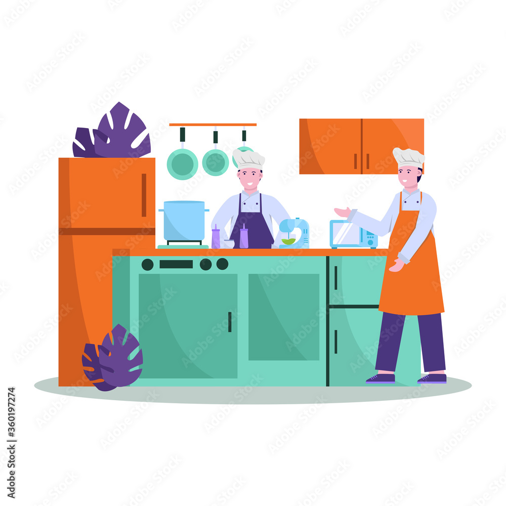 Flat vector illustration of chef prepares food well for shoppers in restaurants Flat vector illustration of chef prepares food well for shoppers in restaurants