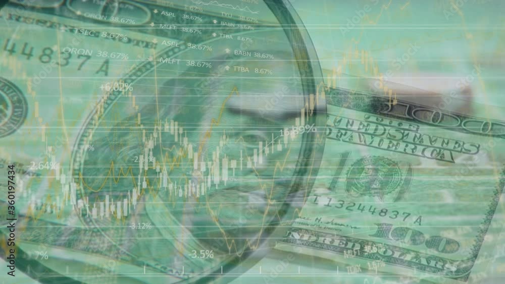 Animation of statistics and data processing over magnifying glass showing American dollar bill Animation of statistics and data processing over magnifying glass showing American dollar bill