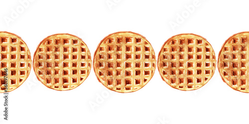 Watercolor seamless border with wafers of various shapes. Heart waffles, square waffles, and round waffles