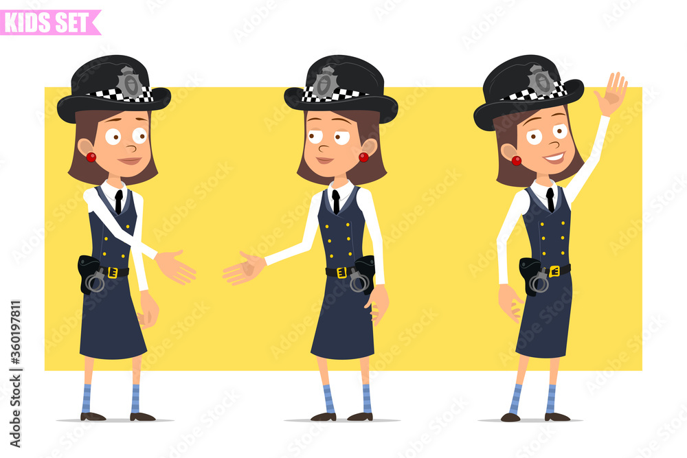 Cartoon flat funny british policeman girl character in helmet hat and uniform. Ready for animation. Kid shaking hands and saying Hello. Isolated on yellow background. Vector set. Cartoon flat funny british policeman girl character in helmet hat and uniform. Ready for animation. Kid shaking hands and saying Hello. Isolated on yellow background. Vector set.