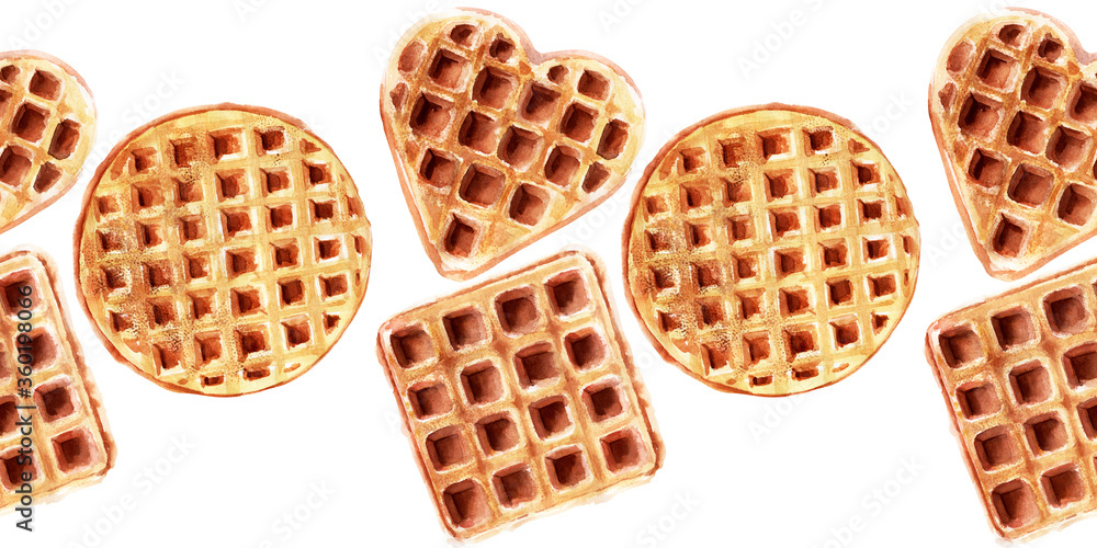 Watercolor seamless border with wafers of various shapes. Heart waffles
