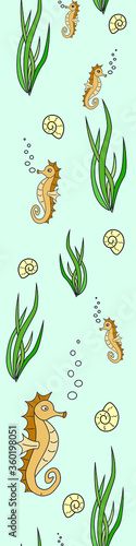 Seamless seahorse repeat vertical border pattern including bubbles, shells and seaweed. Surface, tile, fabric wallpaper. photo