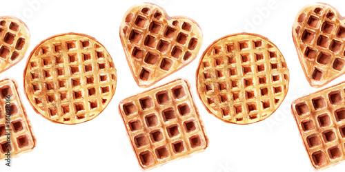 Watercolor seamless border with wafers of various shapes. Heart waffles, square waffles, and round waffles