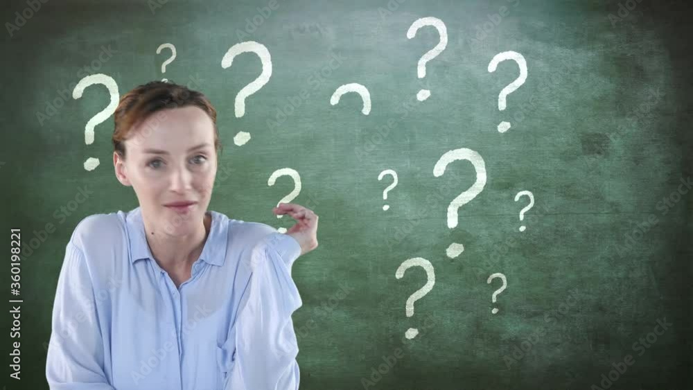 Animation of a Caucasian woman whispering over question marks appearing on a blackboard Animation of a Caucasian woman whispering over question marks appearing on a blackboard