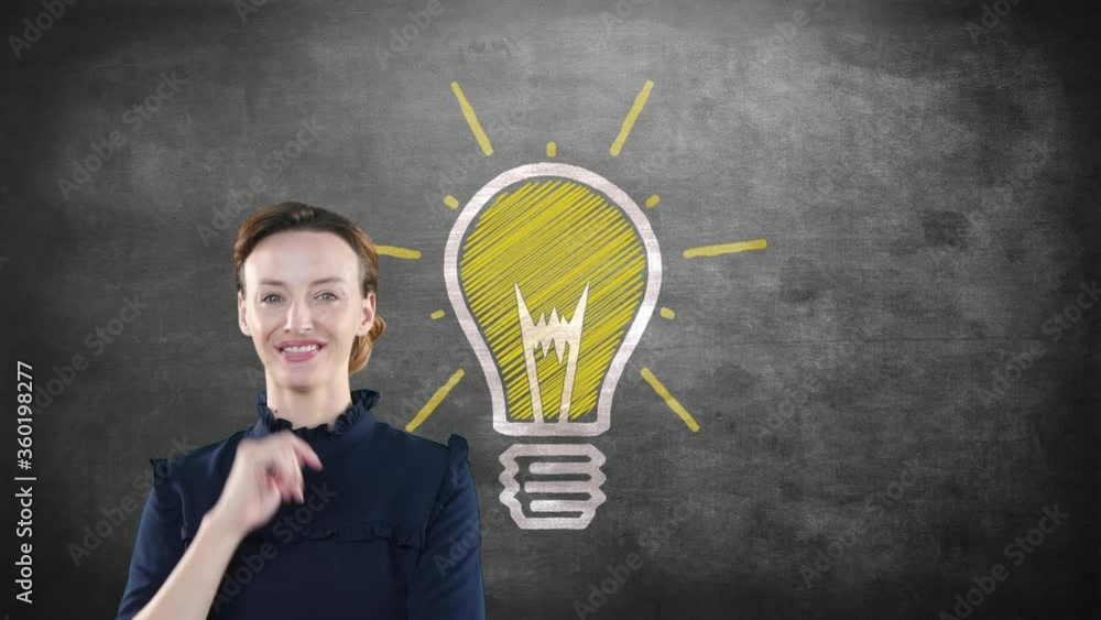 Animation of a Caucasian woman pointing her finger up over a light bulb appearing on a blackboard Animation of a Caucasian woman pointing her finger up over a light bulb appearing on a blackboard