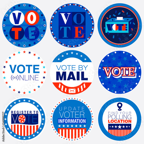 Set of nine Election campaign badges in United States of America patriotic colors for 2020 on an isolated grey background