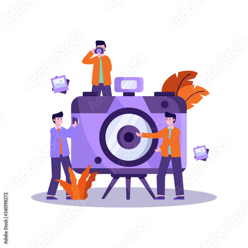 Flat vector illustration of photographer prepares equipment and takes a photo of the model professionally