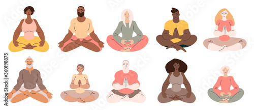 Diverse people women and men doing meditation. Minimal vector illustration set isolated on white.