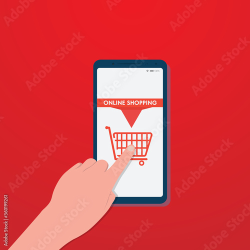 Hand slide smartphone with shopping cart icon on red screen, buy travel ticket, vector