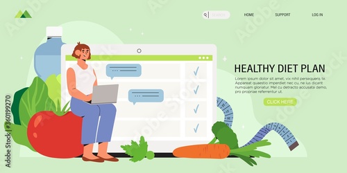 Woman sit with laptop and plan her diet in online diary. Concept of healthy eating, personal diet or nutrition plan from dieting expert or online nutrition course or marathon for social media banner.