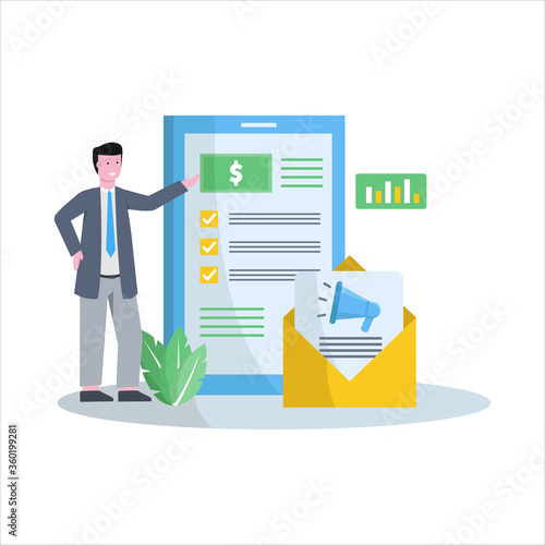 Flat vector illustration of affiliate marketing promotes products and gets a fantastic database and income