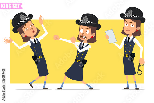 Cartoon flat funny british policeman girl character in helmet hat and uniform. Ready for animation. Kid fighting, falling unconscious, holding handcuffs. Isolated on yellow background. Vector set.