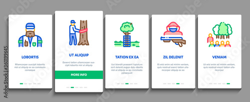 Forestry Lumberjack Onboarding Mobile App Page Screen Vector. Forestry Working Equipment And Tree Safe Fence, Animal And Forest Protection Color Illustrations
