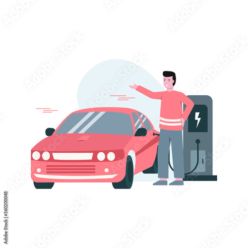 Flat vector illustration of someone is charging an electric car that is environmentally friendly