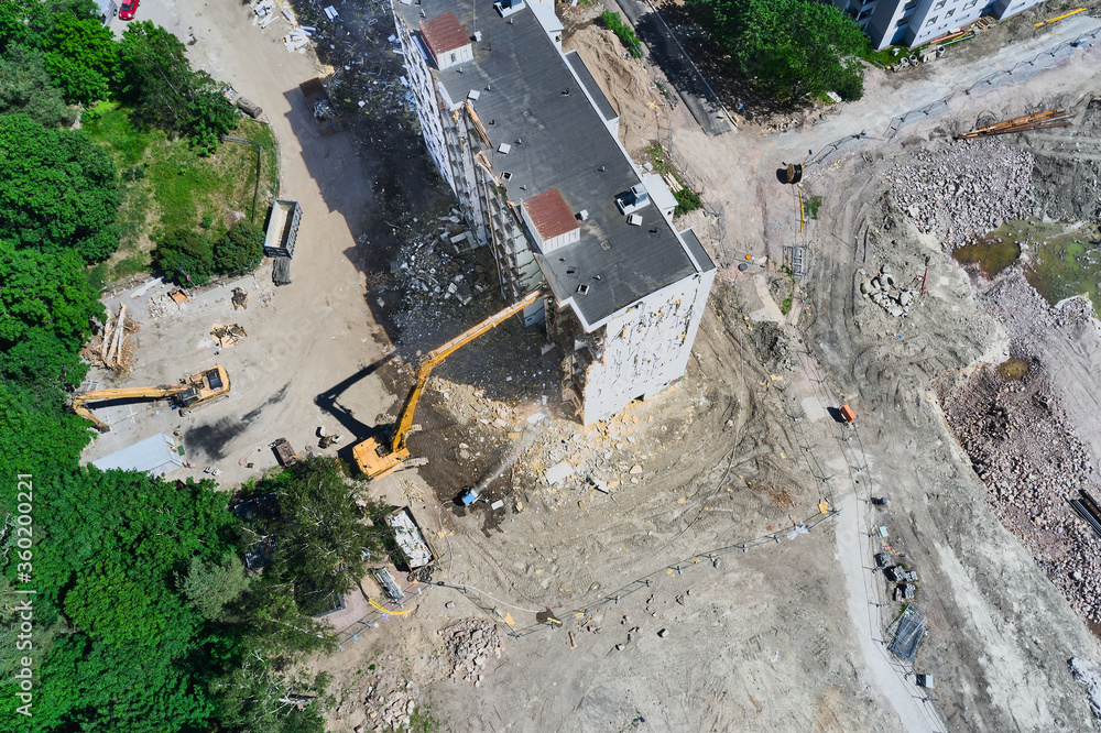 Aerial view of the demolition apartment building in Espoo, Finland.