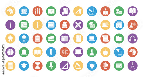 education school and university block style icon set vector design