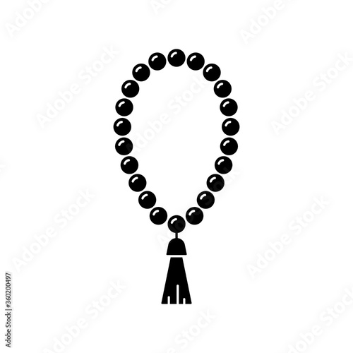 Silhouette Holy rosary. Outline prayer beads icon. Black illustration of religious accessory with tassel. Attribute of Christianity, Islam, Buddhism. Flat isolated vector emblem, white background