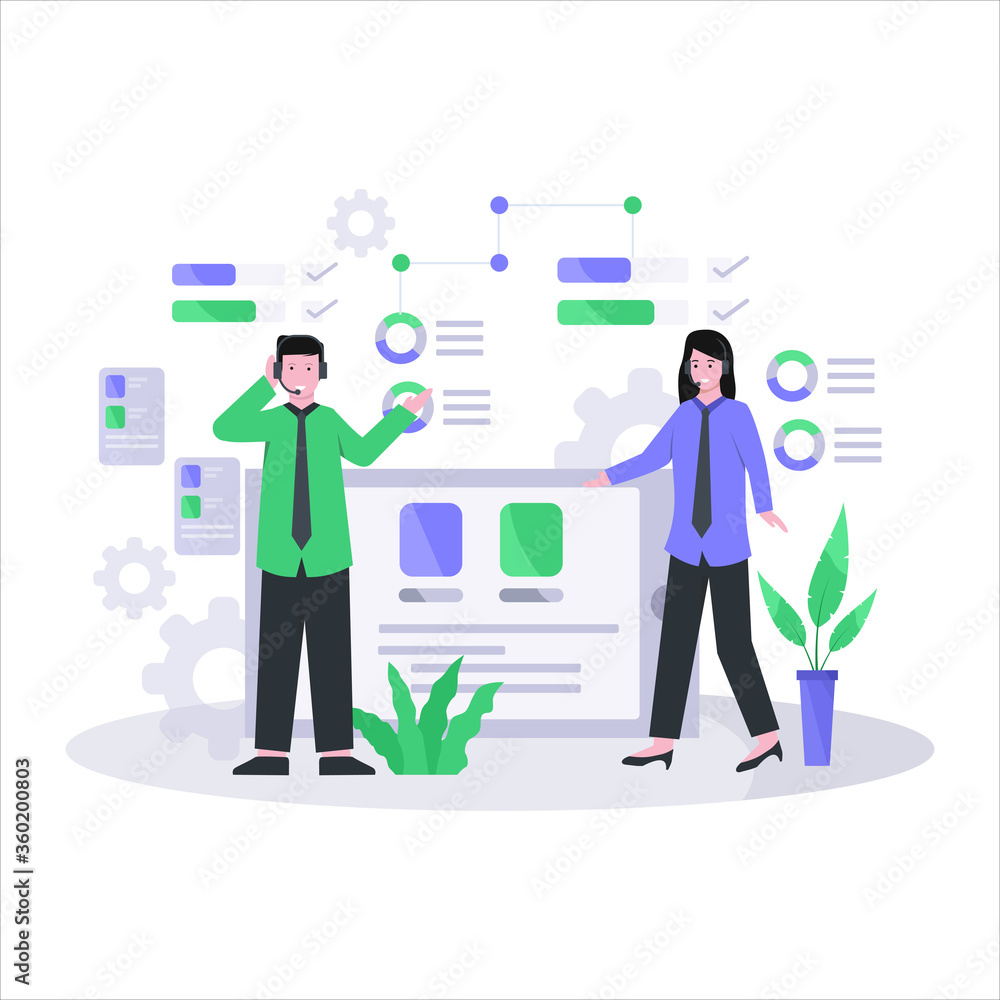 Flat vector illustration of customer service is serving customers well and friendly via telephone and live chat Flat vector illustration of customer service is serving customers well and friendly via telephone and live chat