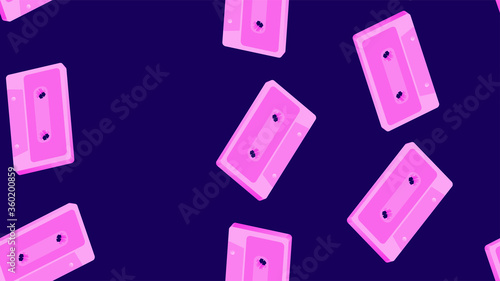Endless seamless pattern of beautiful old retro ancient hipster music disco audio tapes on a magnetic tape on a blue background. Vector illustration