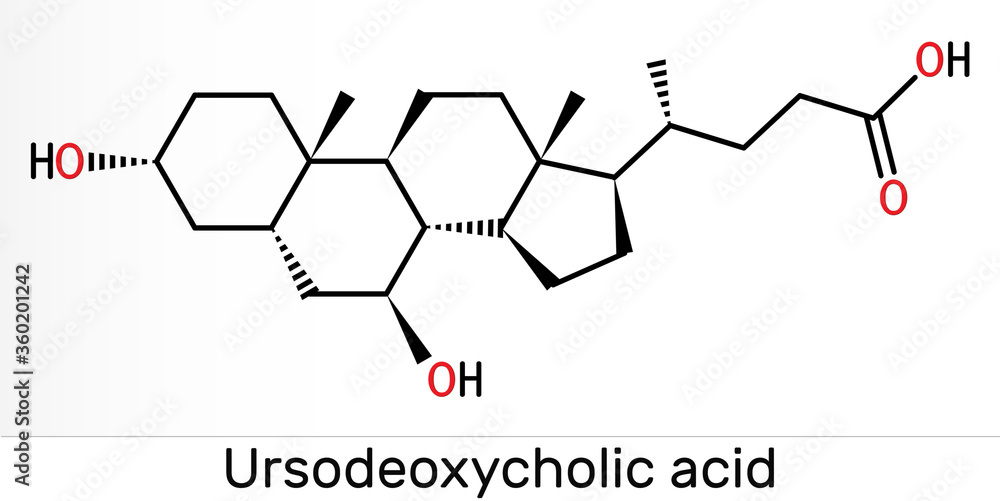 Ursodeoxycholic acid, ursodiol, UDCA molecule. It is used as cholagogue and choleretic in the treatment of cholelithiasis, biliary cholangitis. Skeletal chemical formula Ursodeoxycholic acid, ursodiol, UDCA molecule. It is used as cholagogue and choleretic in the treatment of cholelithiasis, biliary cholangitis. Skeletal chemical formula