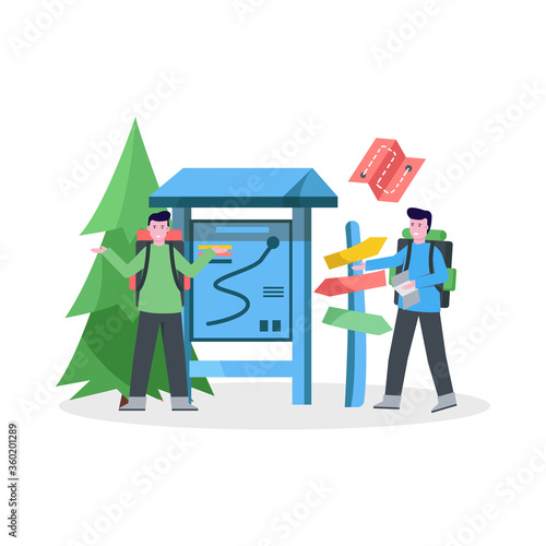 Flat vector illustration of mountain climber camping with his partner
