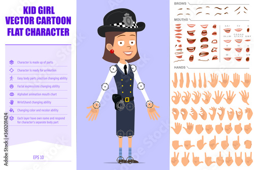 Cartoon flat british policeman girl character in helmet hat and uniform. Ready for animations. Face expressions, eyes, brows, mouth and hands easy to edit. Isolated on violet background. Vector set.