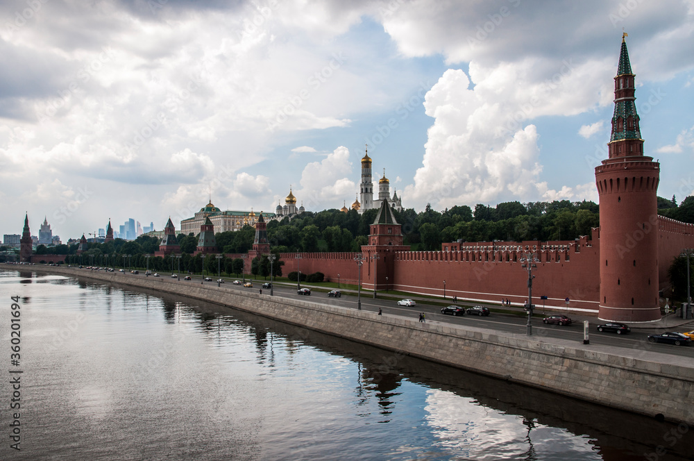 Panoramic view of the Moscow Kremlin and the Moscow River before a thunderstorm
