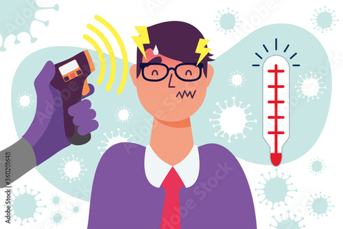Hand holding thermometer gun checking man temperature vector design