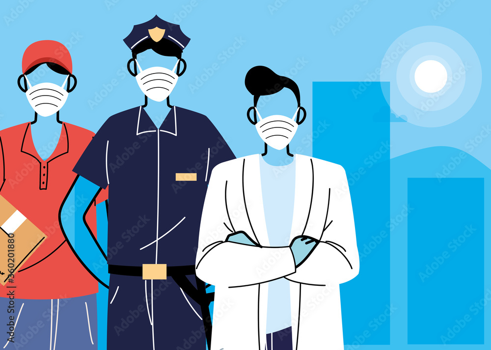 Diverse front line workers wearing protective masks Diverse front line workers wearing protective masks