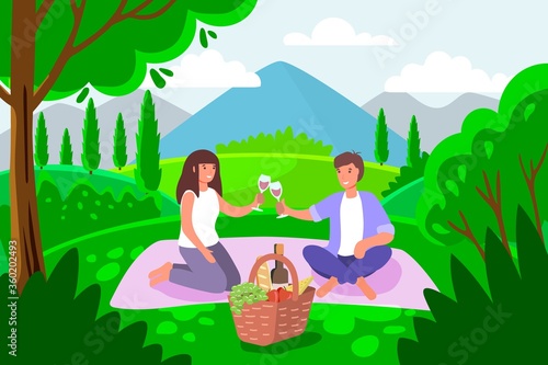 Romantic date outdoors flat color vector characters. Sweethearts enjoying picnic in park lovers meeting in countryside cartoon vector illustration concept