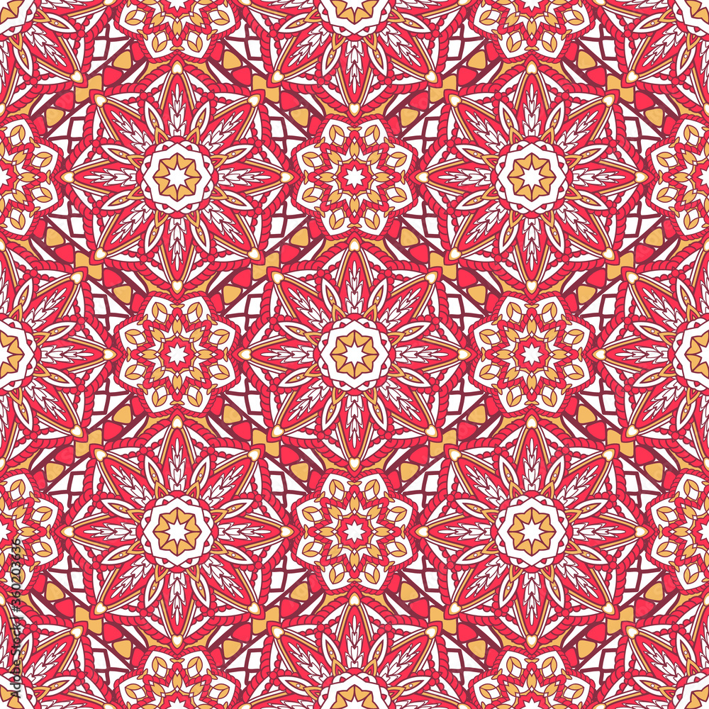 Vector laced Persian carpet. Seamless oriental pattern. Geometric tiles with mandala. Indian, Arabic festival style floral ornament. Bandanna shawl, tablecloth fabric print, scarf, kerchief design