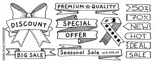 Doodle banners, flags, ribbons and tags set, hand drawn with thin line