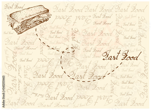 Illustration Hand Drawn Sketch of Delicious Homemade Freshly Crab Stick Salad Sandwich Made of Toasted Bread, Crab Stick and Lettuce with Mayonnaise or Tartare Sauce on Brown Background.
